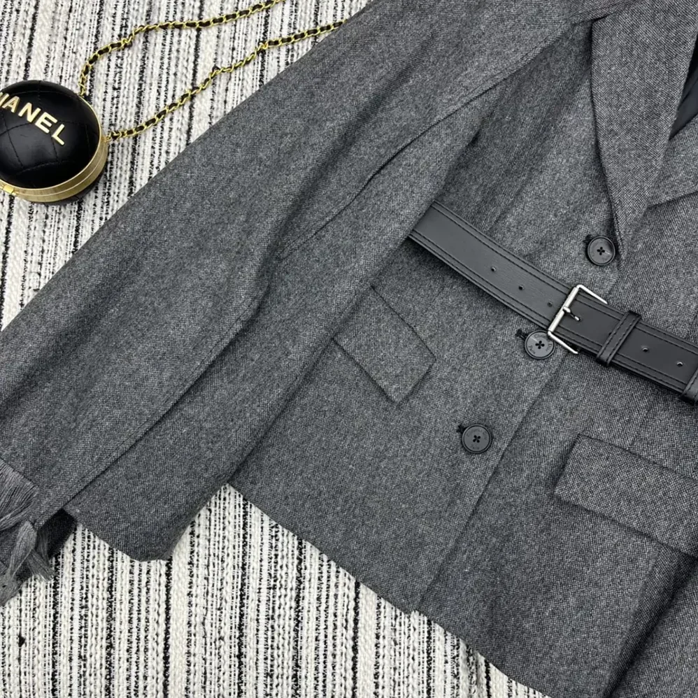 Dior Belted Jacket with Removable Scarf Gray Virgin Wool Tweed for Women