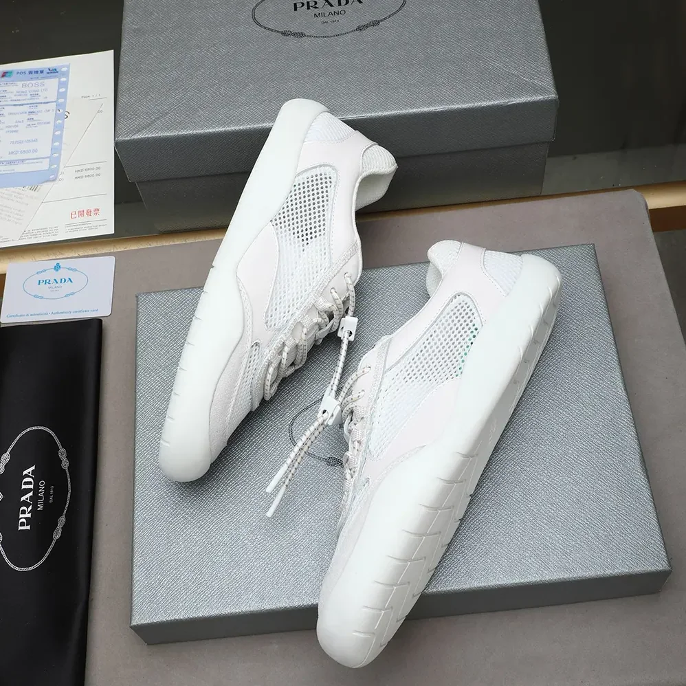 Prada Speedrock Patent Leather and Mesh Fabric Sneakers for Unisex in White