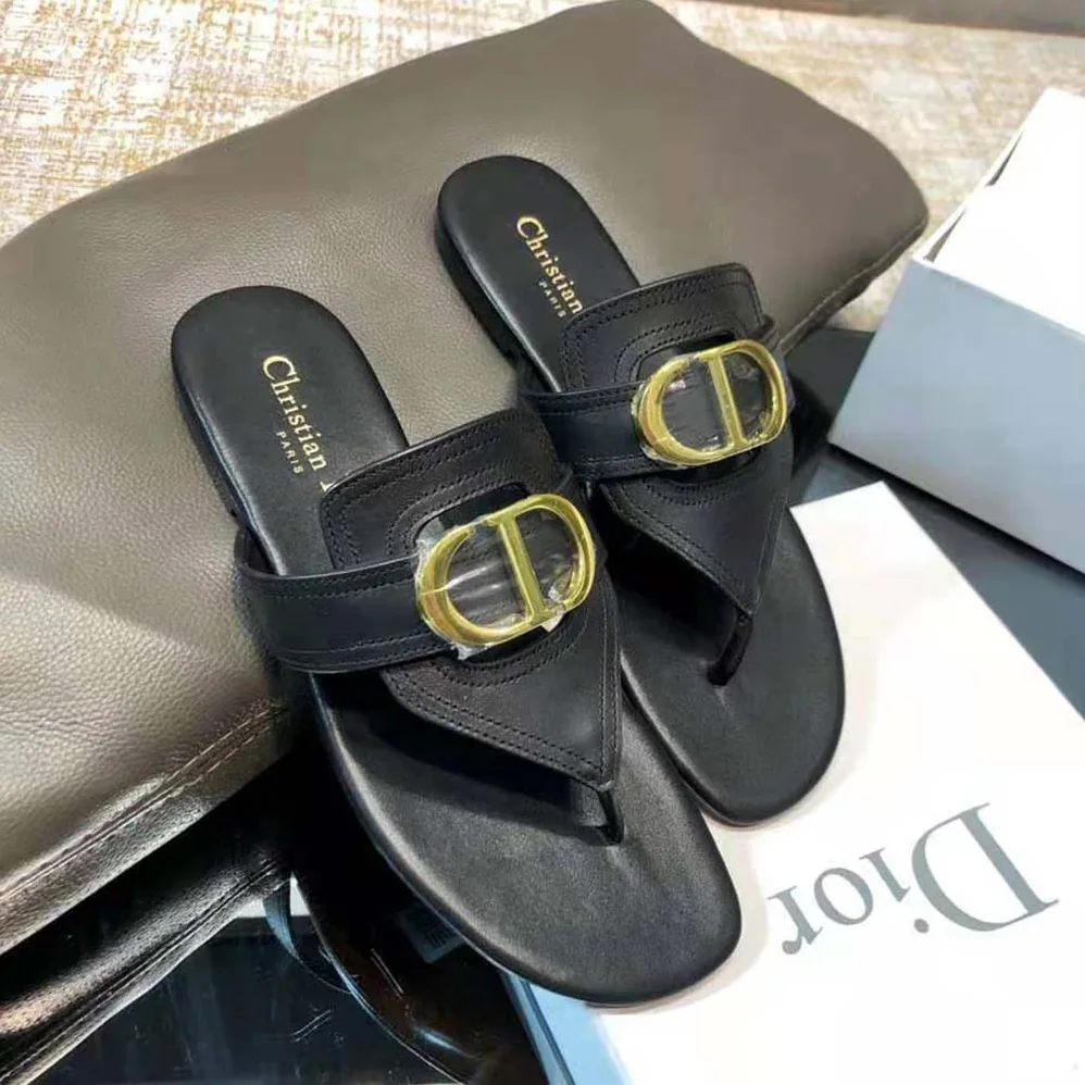 Dior 30 Montaigne Flat Thong Black Calfskin for Women Dior 30 Montaigne Flat Thong Black Calfskin for Women