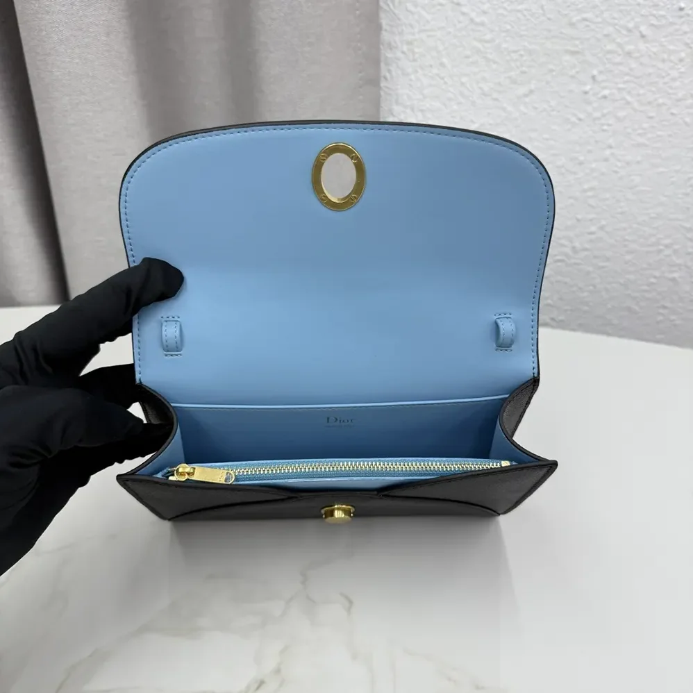 Dior Médaillon Envelope Pouch with Strap Black and Myosotis Blue Grained Calfskin for Women Dior Médaillon Envelope Pouch with Strap Black and Myosotis Blue Grained Calfskin for Women