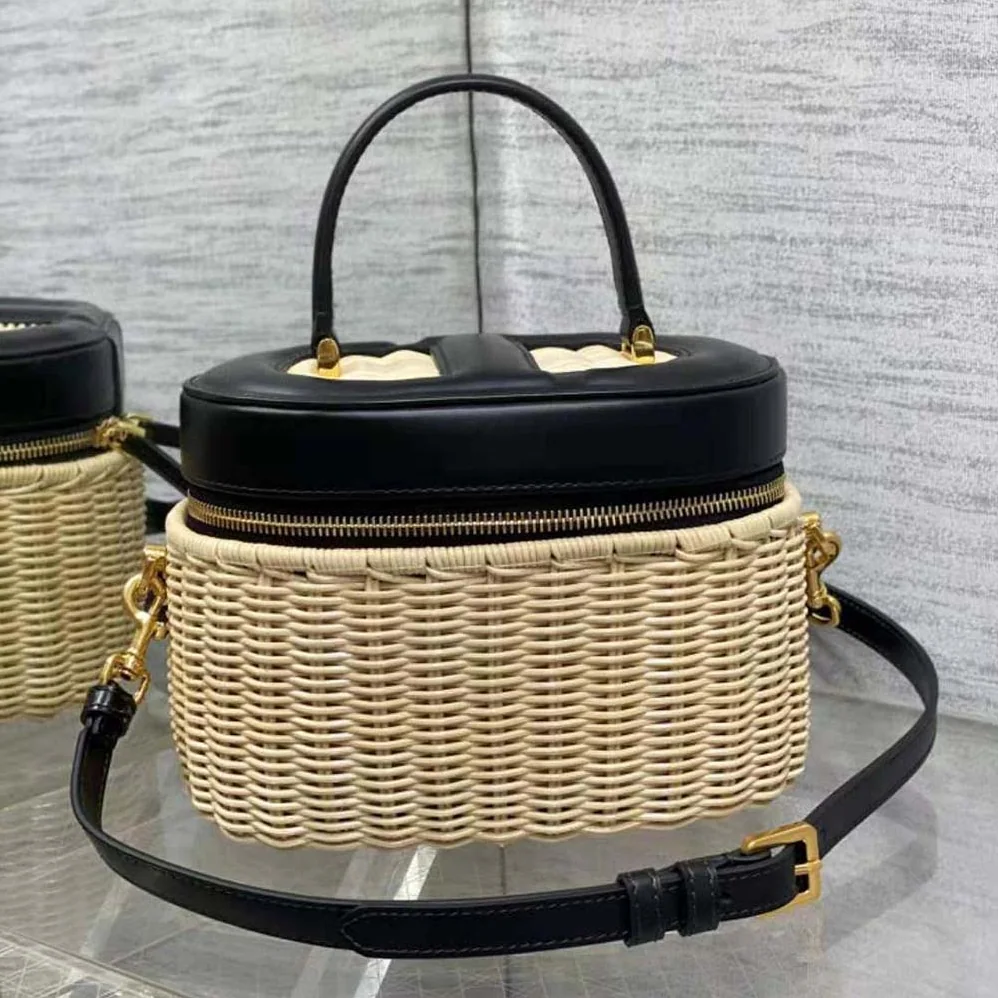 Dior Medium CD Signature Vanity Case Natural Wicker and Black Calfskin for Women