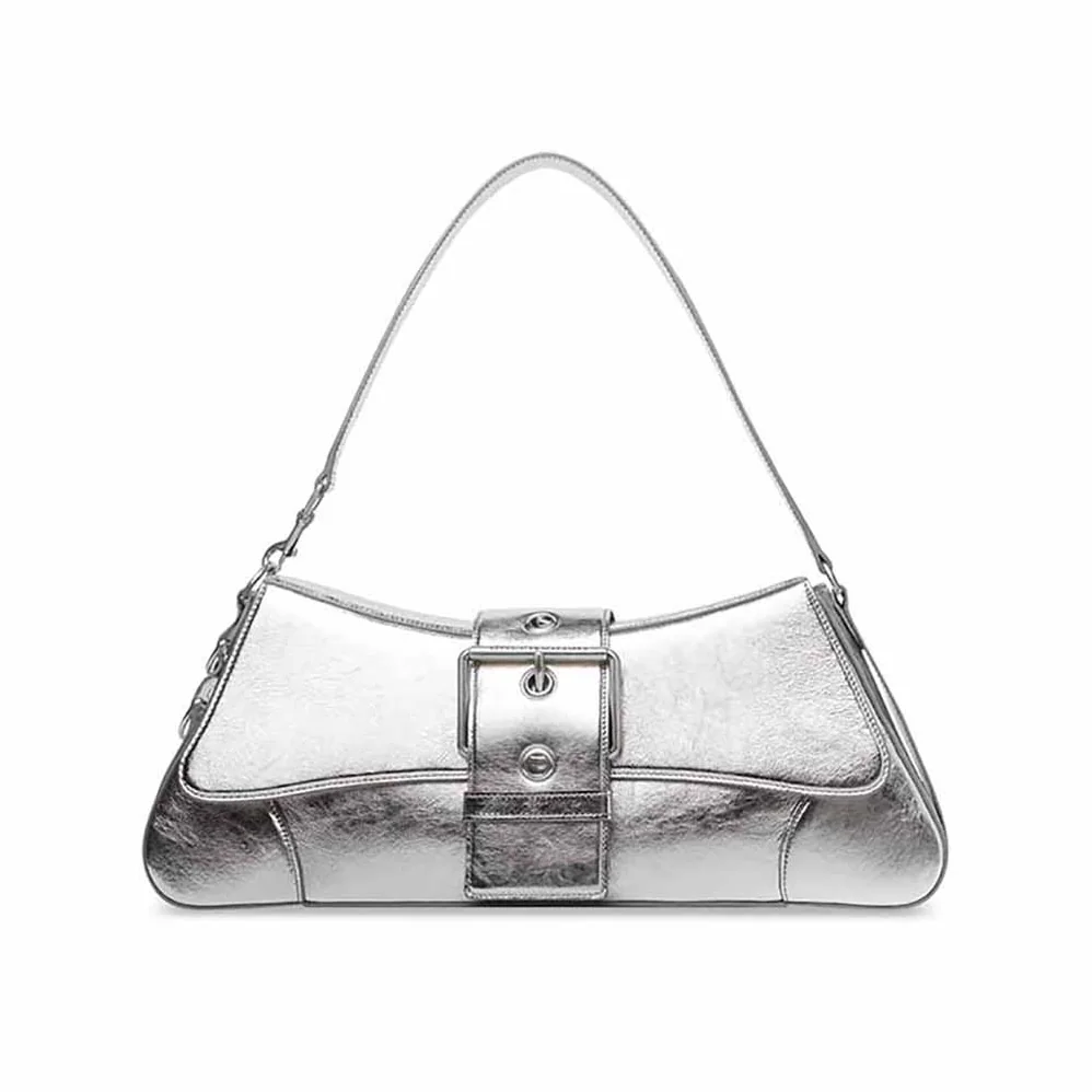 Balenciaga Lindsay Small Shoulder Bag with Strap Pleated Mirror Effect for Women in Silver Balenciaga Lindsay Small Shoulder Bag with Strap Pleated Mirror Effect for Women in Silver