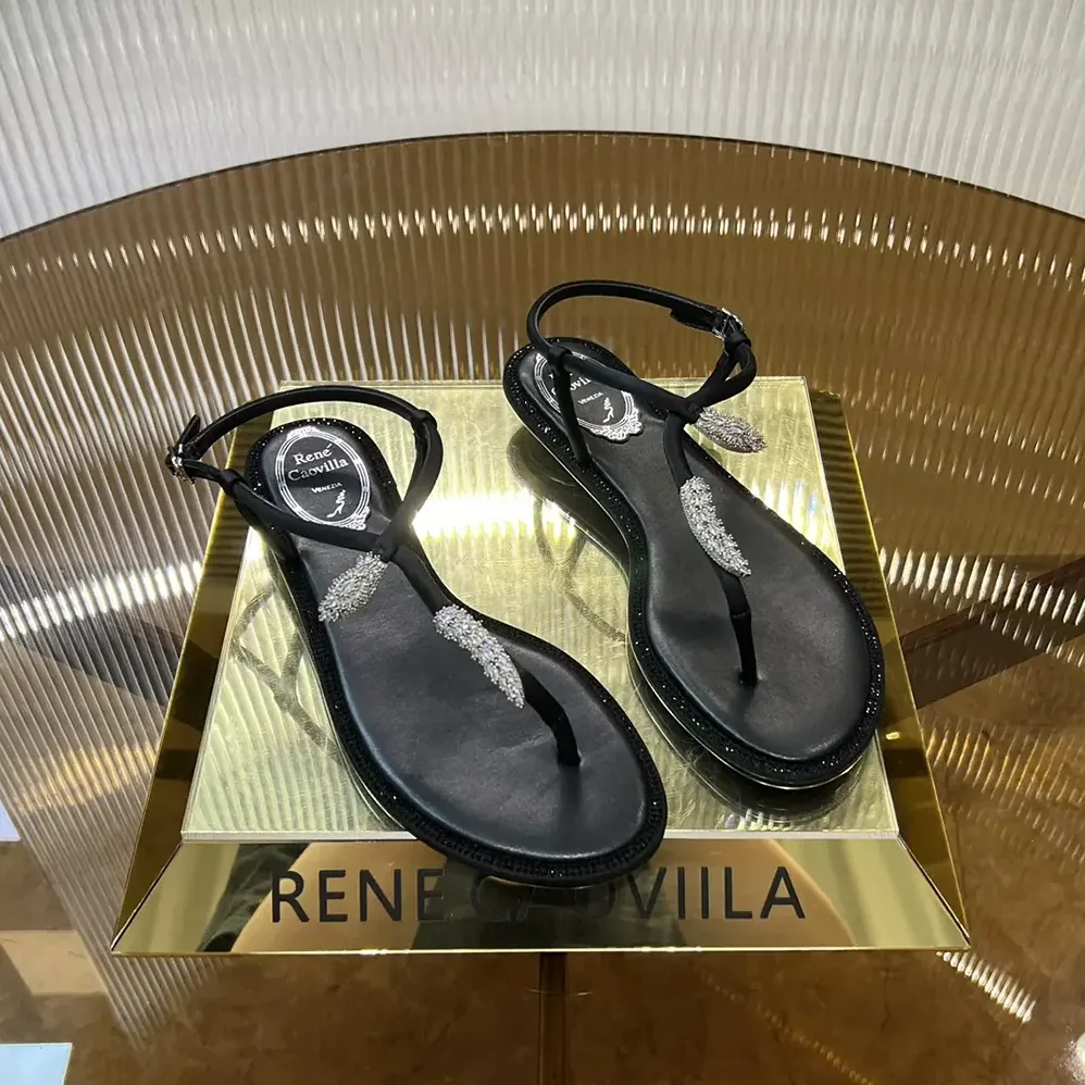 Rene Caovilla Serpente Black Thong Sandal 10 for Women