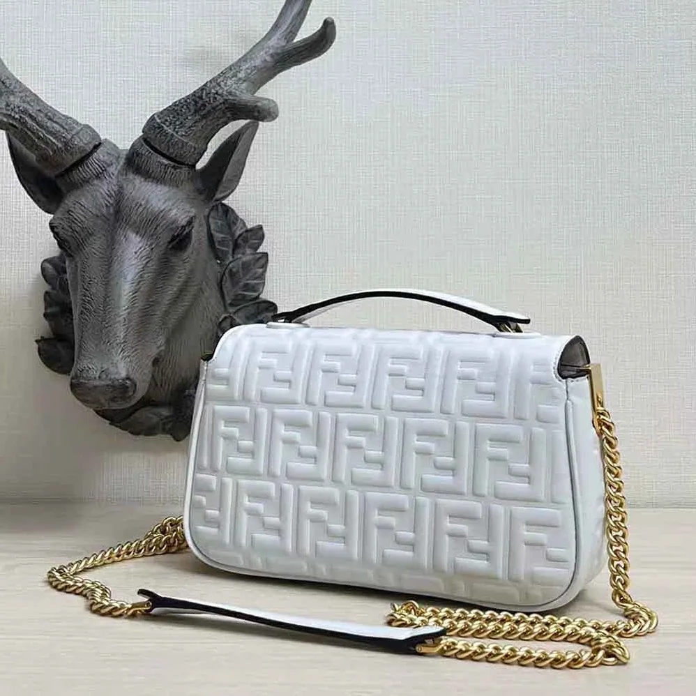 Fendi Baguette Chain Midi Light Gray Leather Bag for Women in White