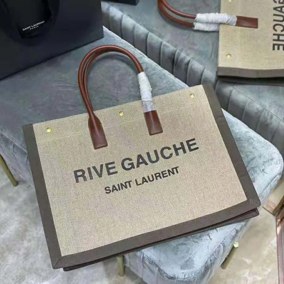 Saint Laurent YSL Rive Gauche Tote Bag in Printed Linen and Leather for Women Saint Laurent YSL Rive Gauche Tote Bag in Printed Linen and Leather for Women