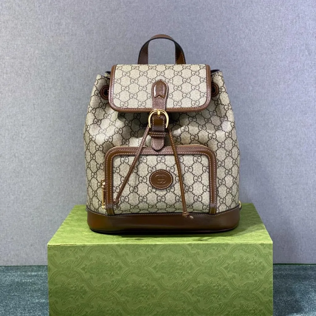 Gucci Backpack With Interlocking G Beige And Ebony GG Supreme Canvas Brown / Gucci Backpack With Interlocking G Beige And Ebony GG Supreme Canvas Brown /