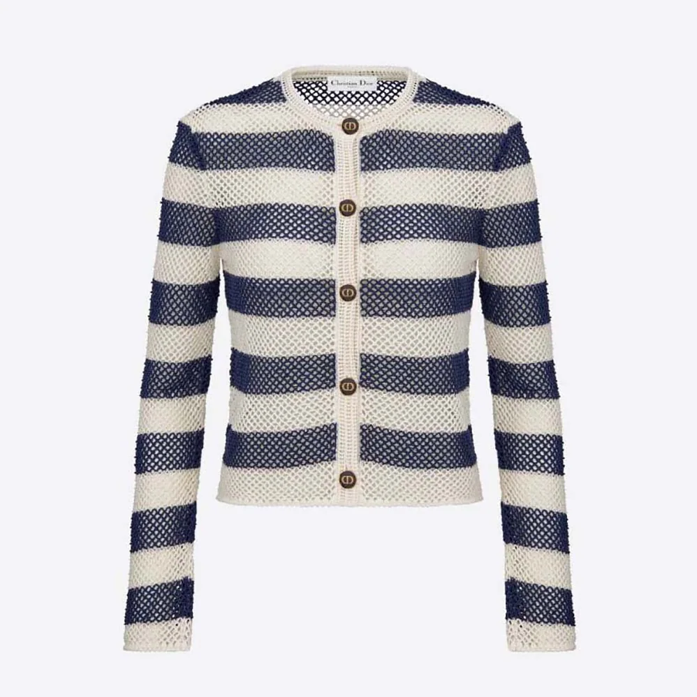 Dior Marinière Cardigan Navy Blue and White Openwork Cotton Knit for Women