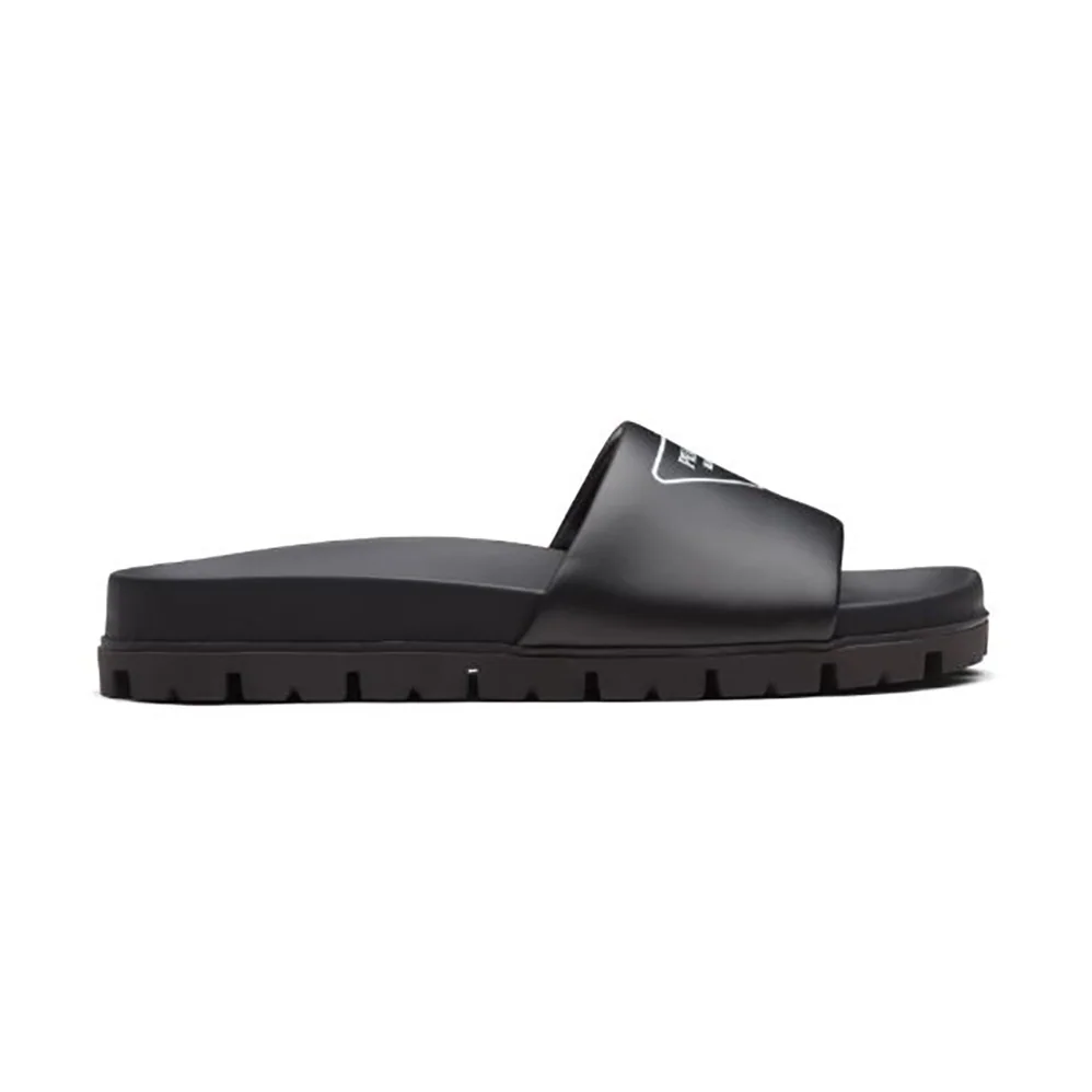 Prada Leather Slides in 20mm Heel for Women in Black Prada Leather Slides in 20mm Heel for Women in Black