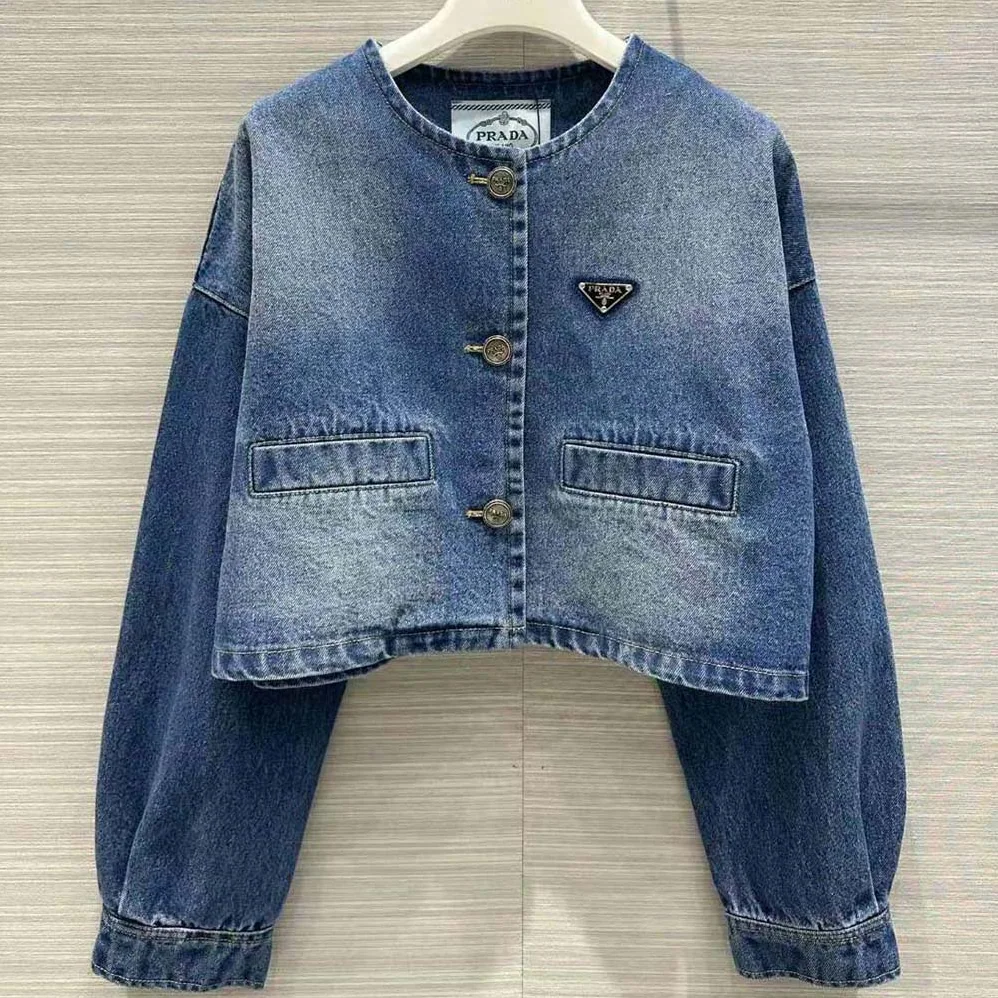Prada Denim Blouson Jacket with Enameled Metal Triangle Logo for Women
