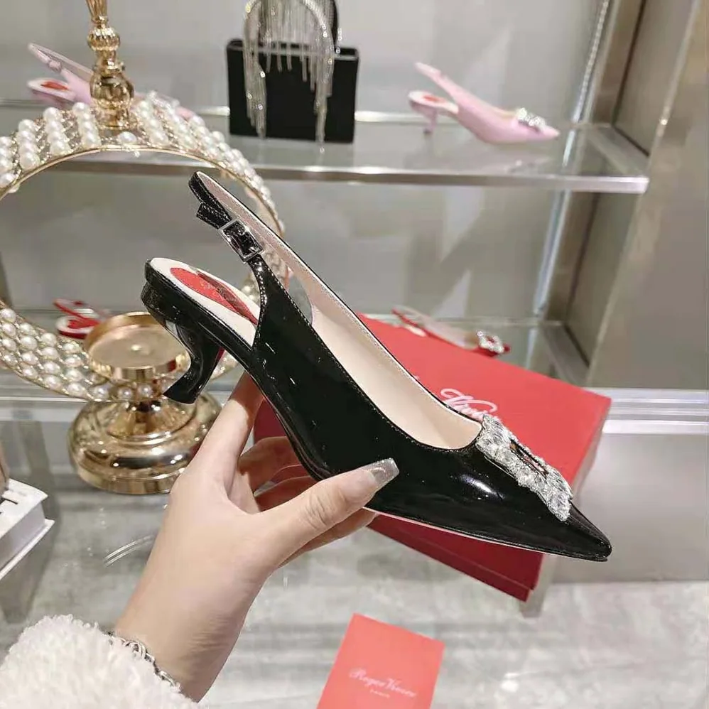 Roger Vivier Virgule Strass Buckle Slingback Pumps in Patent Leather for Women in Black Roger Vivier Virgule Strass Buckle Slingback Pumps in Patent Leather for Women in Black