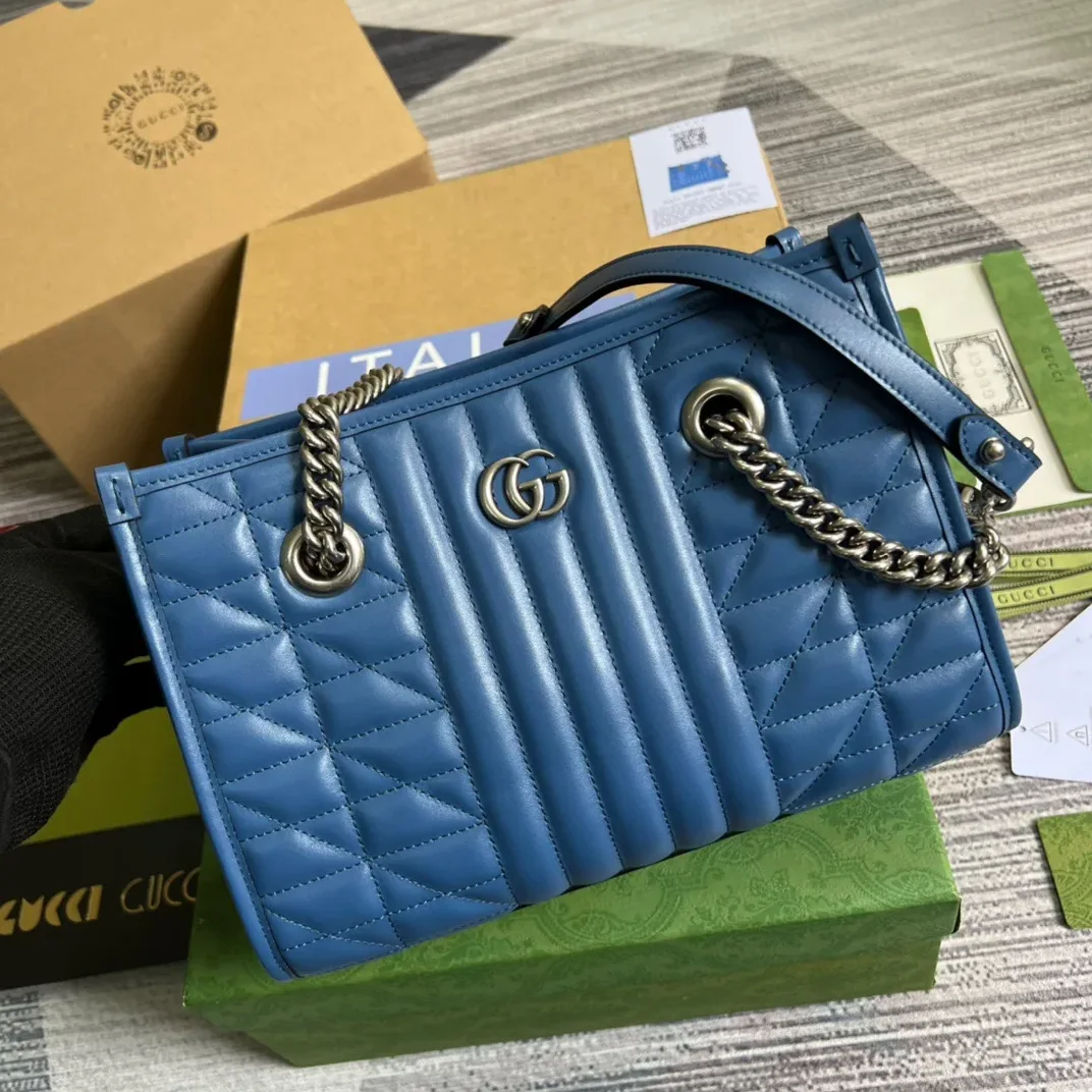 Gucci Marmont Small Matelasse Tote Bag in Blue Palladium Hardware