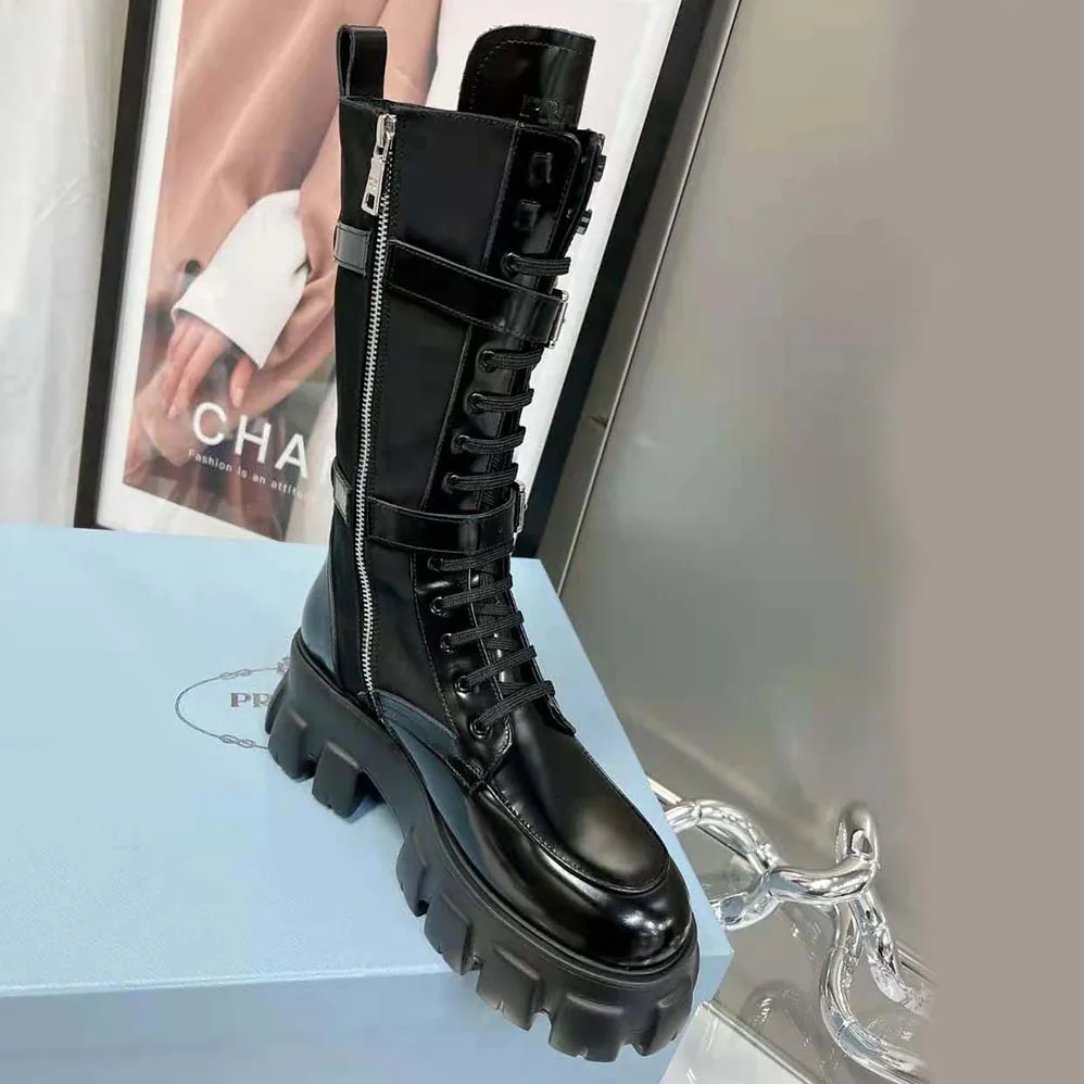 Prada Monolith Leather and Nylon Boots for Women in Black Prada Monolith Leather and Nylon Boots for Women in Black