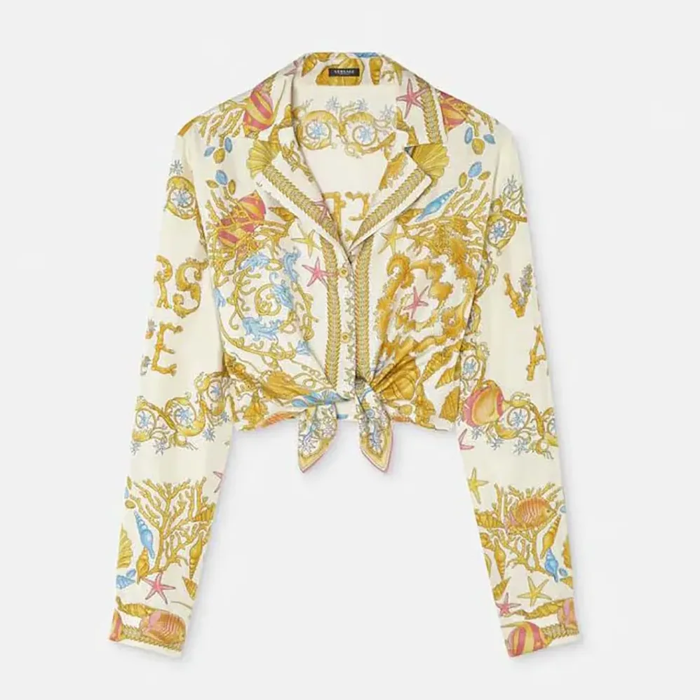 Versace Underwater Barocco Knotted Crop Silk Shirt for Women in Yellow Versace Underwater Barocco Knotted Crop Silk Shirt for Women in Yellow