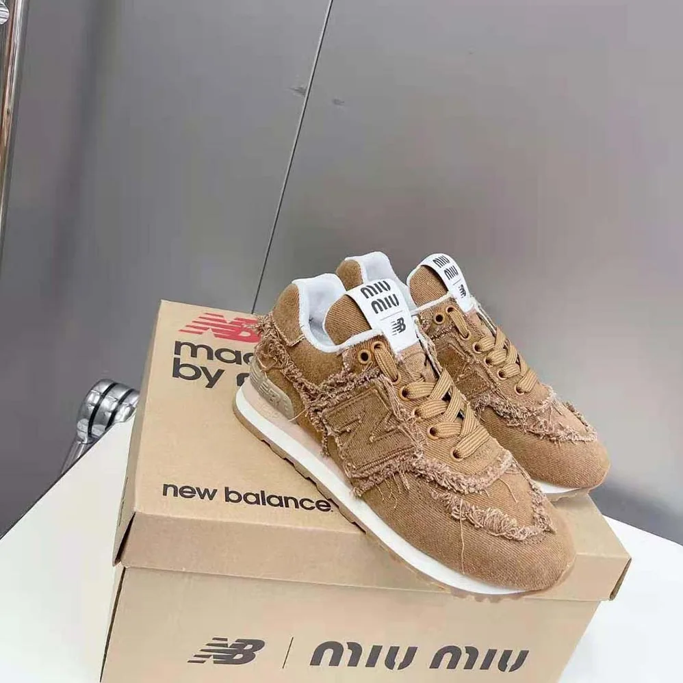 Miu Miu New Balance 574 x Miu Miu Marbleized Denim Sneakers for Women in Brown