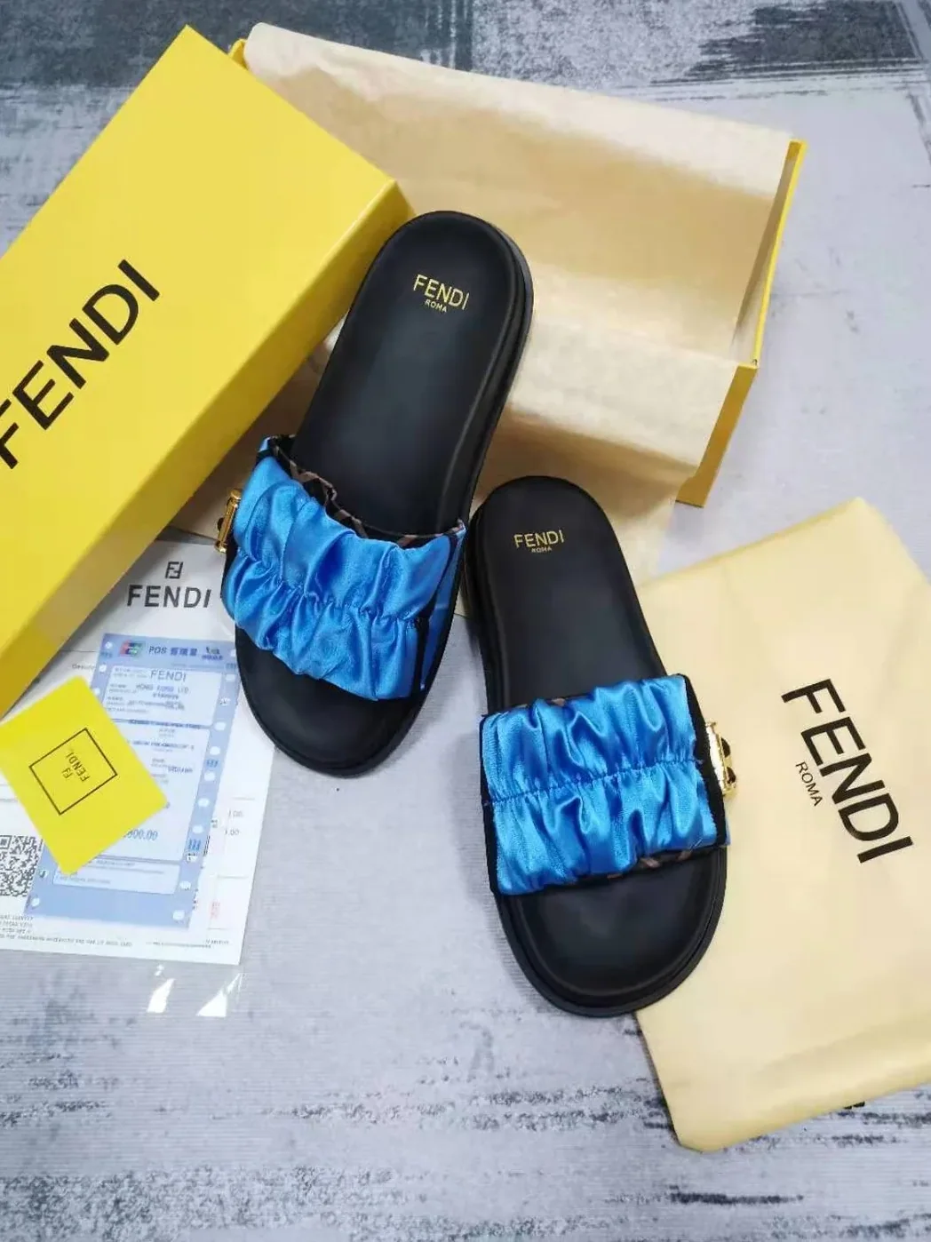 Fendi Feel Blue Satin Slides Fendi Feel Blue Satin Slides