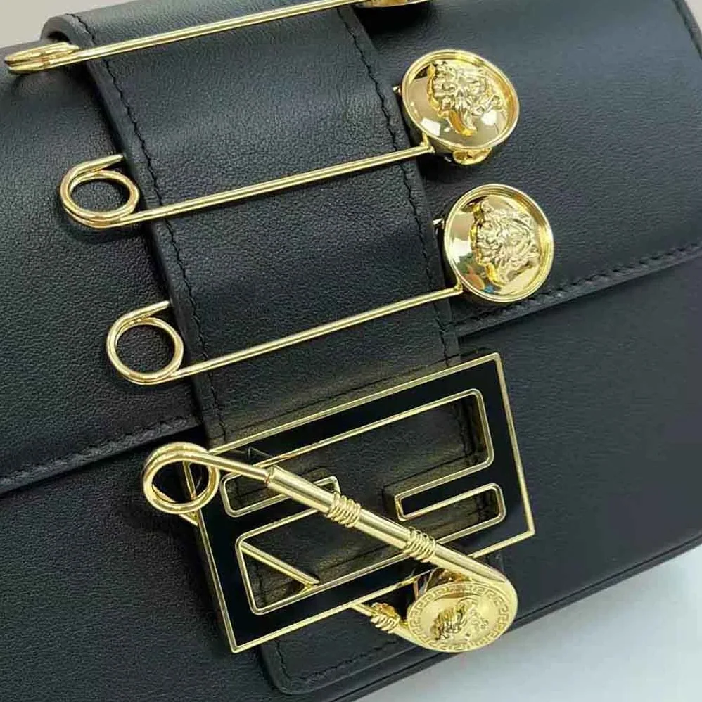 Fendi Brooch Mini Baguette Fendace Black Leather Bag for Women Fendi Brooch Mini Baguette Fendace Black Leather Bag for Women