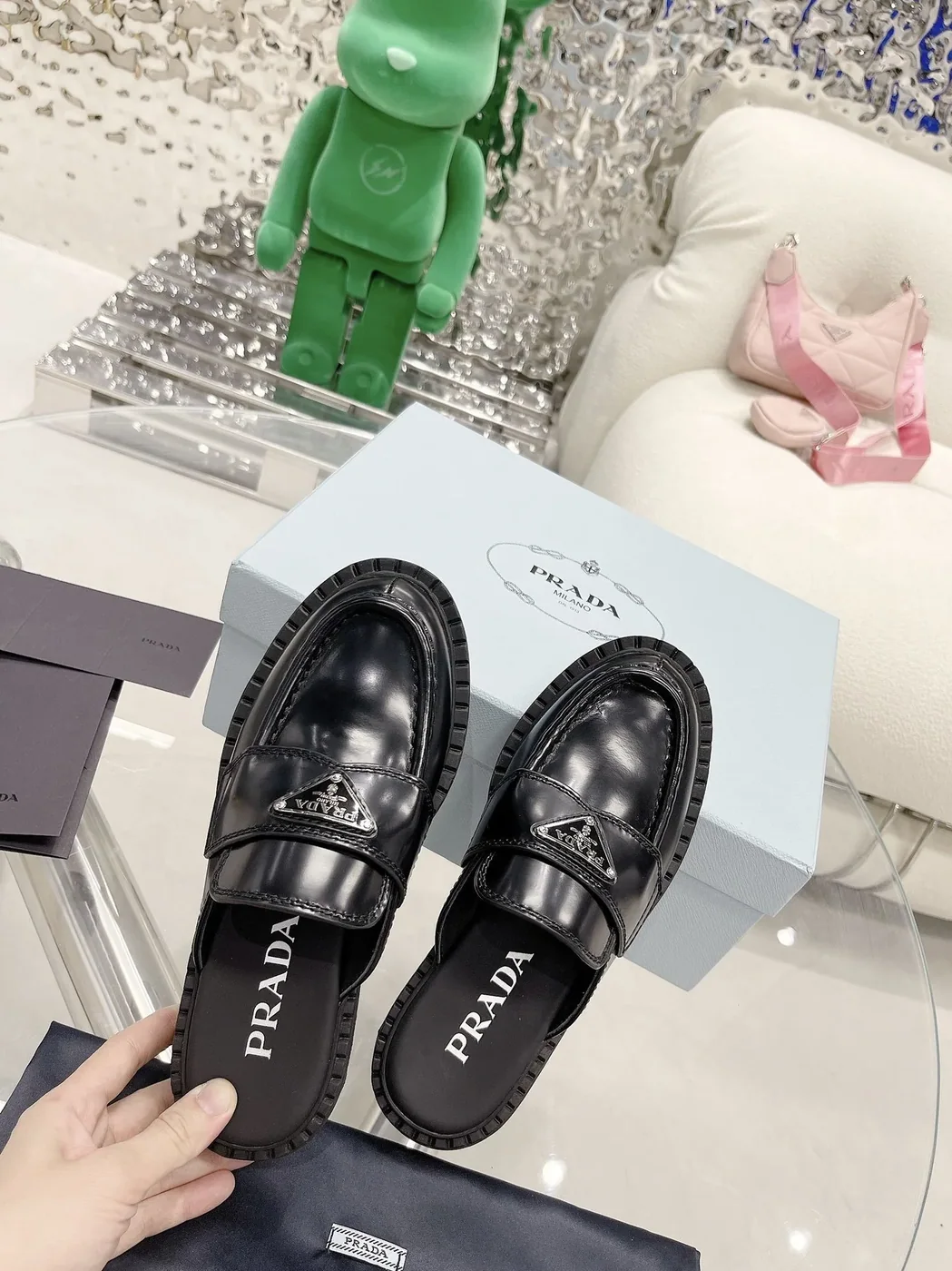 Prada Chocolate Brushed Mules Black in PRD