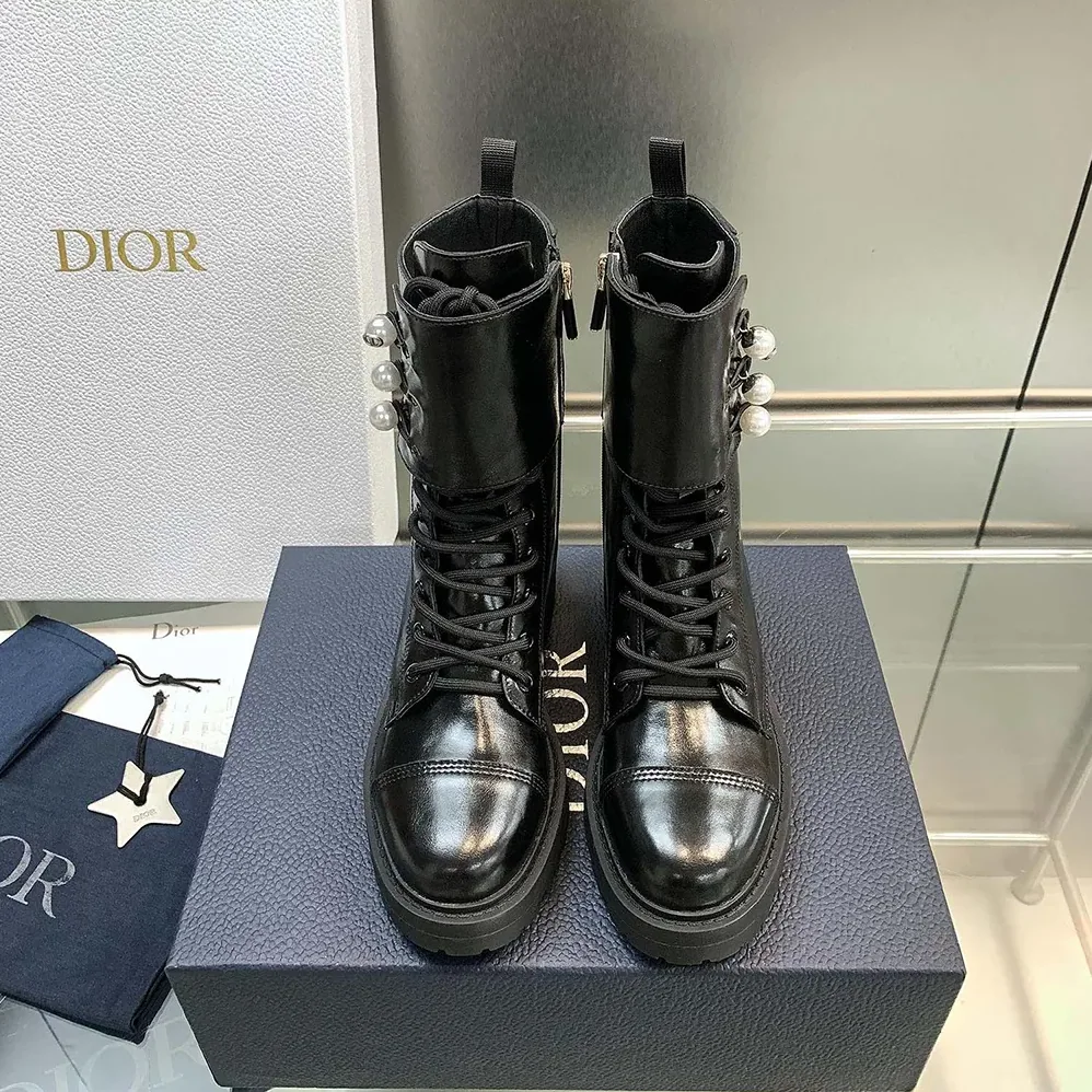 Dior D-Strike Ankle Boot Black Matte Calfskin and White Resin Pearls for Women Dior D-Strike Ankle Boot Black Matte Calfskin and White Resin Pearls for Women