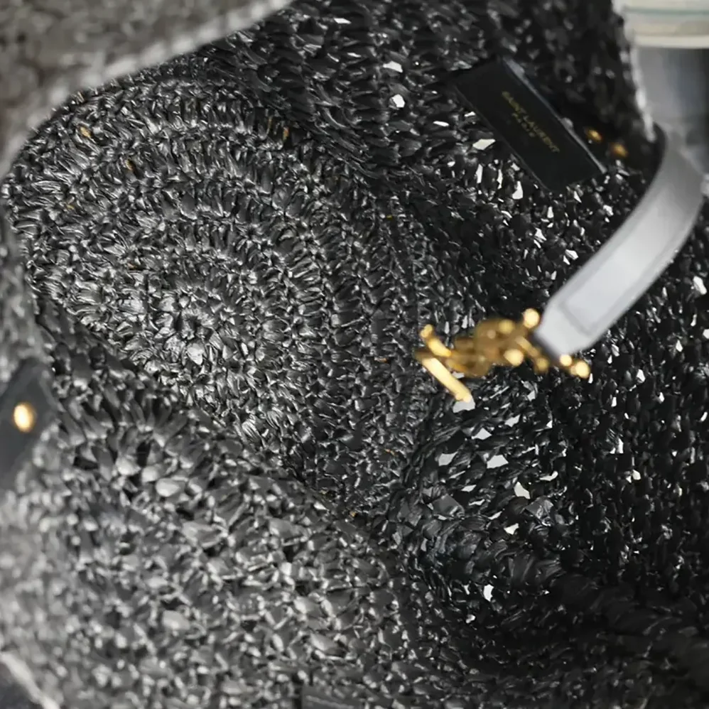 Saint Laurent YSL Panier Small in Raffia and Vegetable-tanned Leather for Women in Black