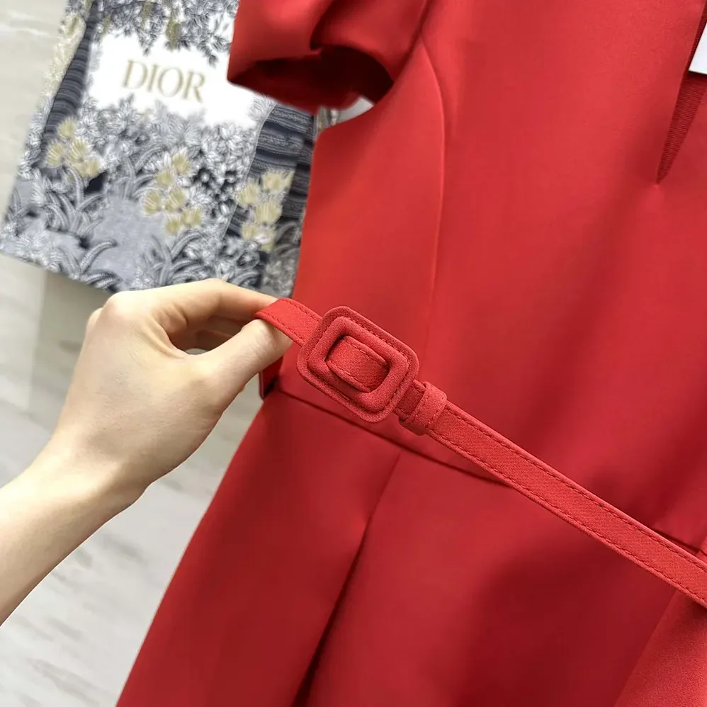 Dior Short Belted Dress Bright Red Lightweight Wool and Silk for Women