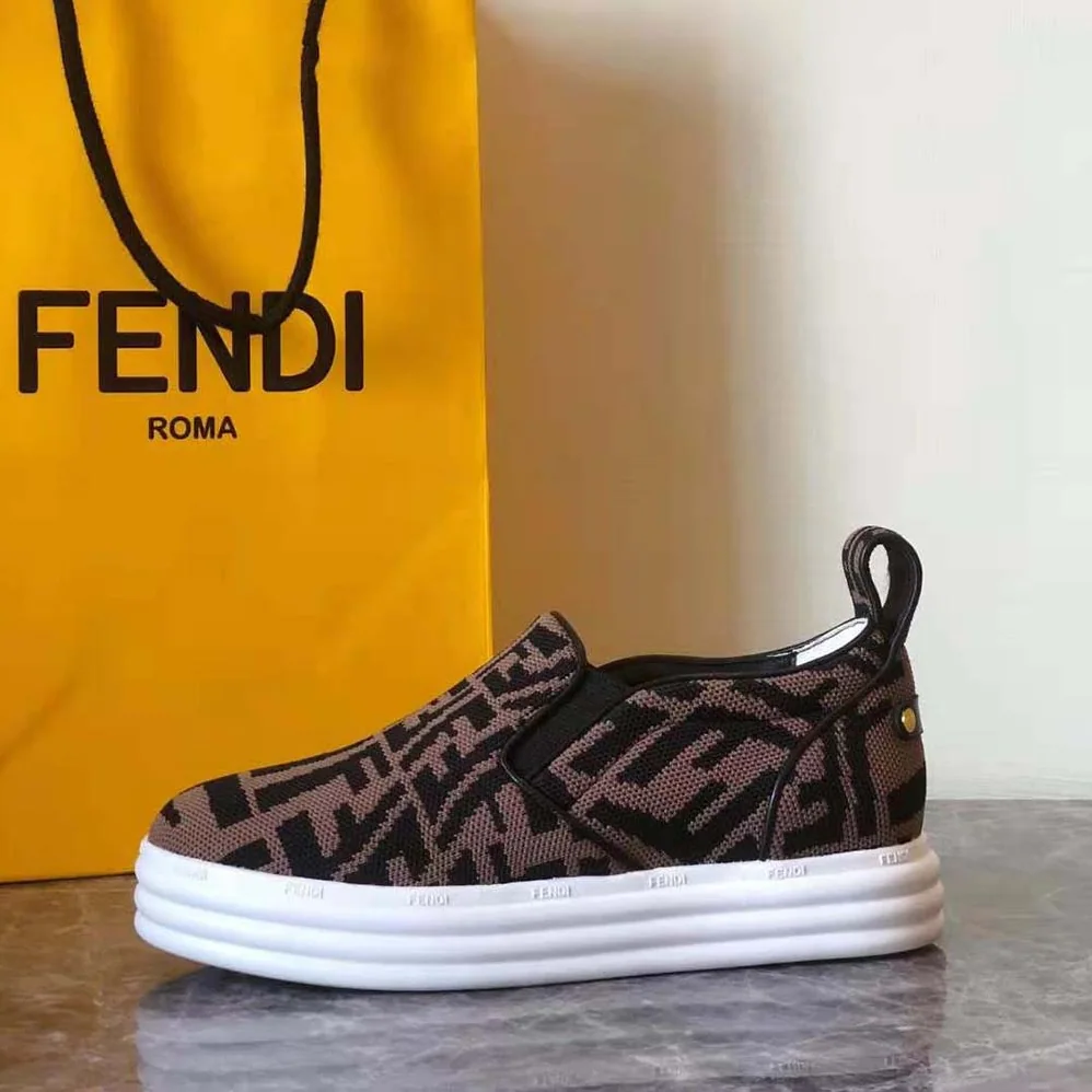 Fendi Rise Brown Fabric Slip Ons for Women