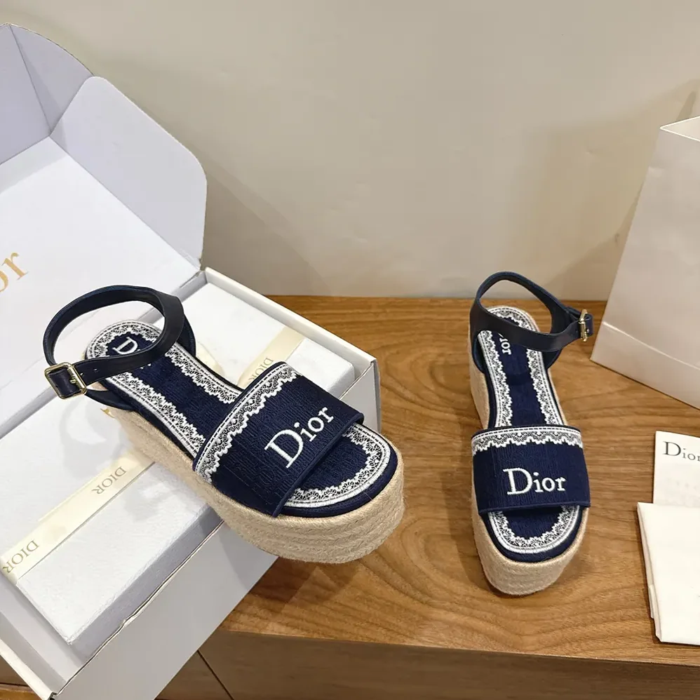 Dior Dentelle Wedge Sandal Navy Blue Dior Oblique Embroidered Cotton and White Lace for Women Dior Dentelle Wedge Sandal Navy Blue Dior Oblique Embroidered Cotton and White Lace for Women