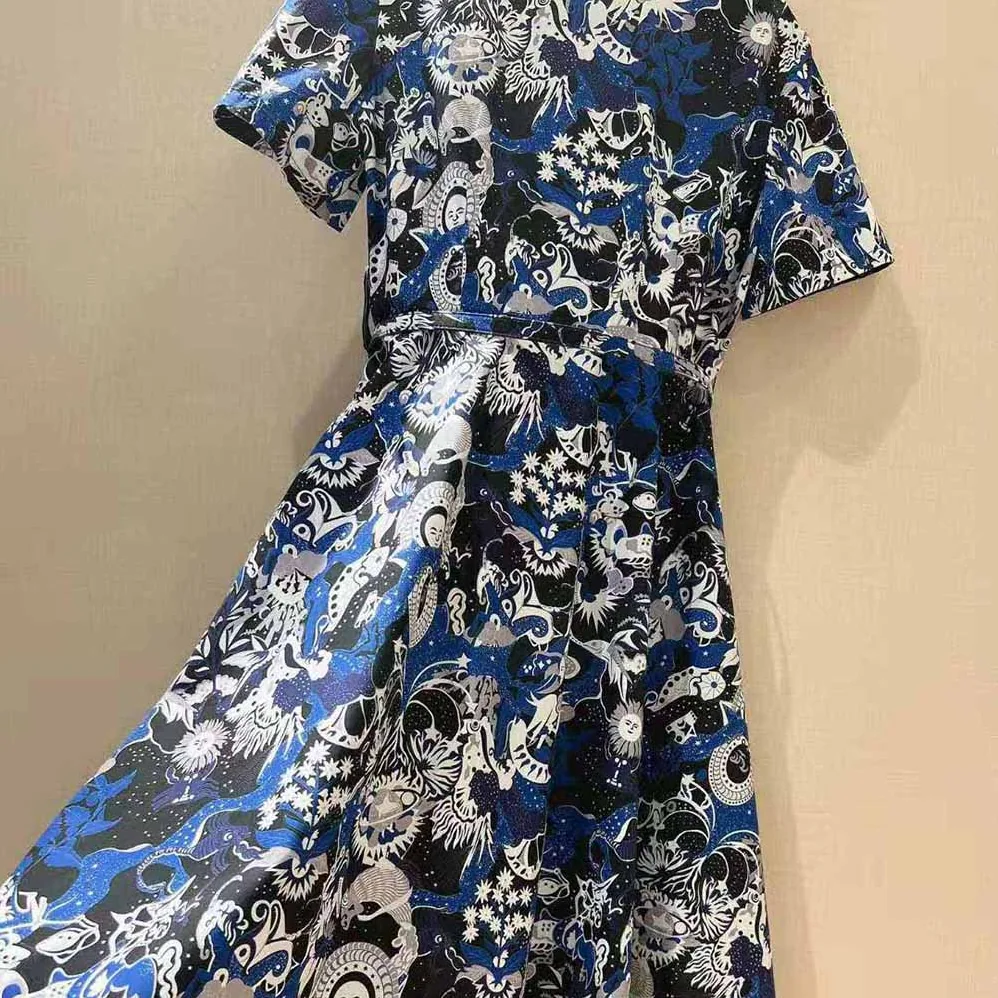 Dior Mid-Length Belted Dress Blue Dior Zodiac Fantastico Cotton Poplin for Women