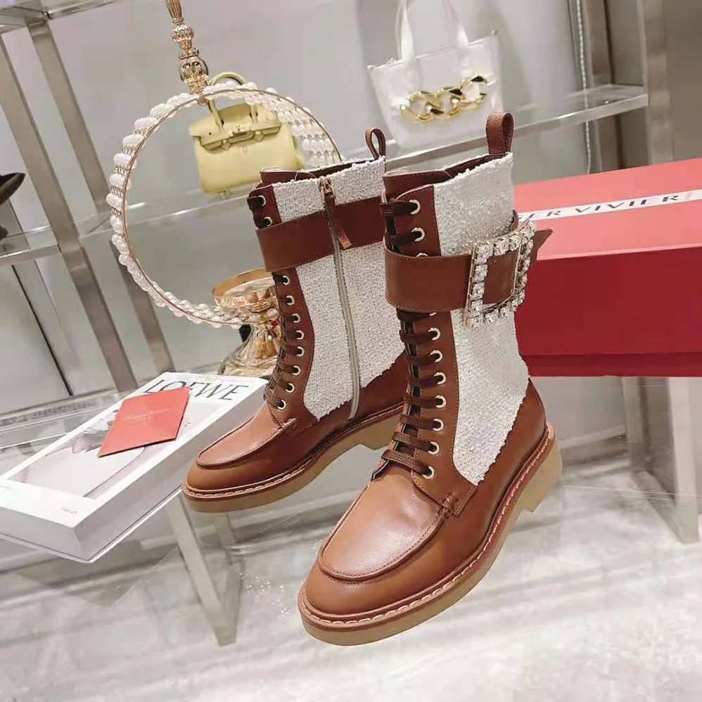 Roger Vivier Viv' Rangers Strass Buckle Boots in Fabrics for Women Roger Vivier Viv' Rangers Strass Buckle Boots in Fabrics for Women