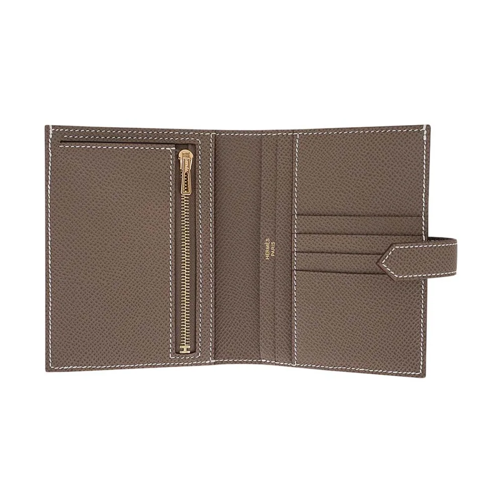 Hermes Bearn Compact Wallet Etoupe Gold Hardware Epsom Leather for Men