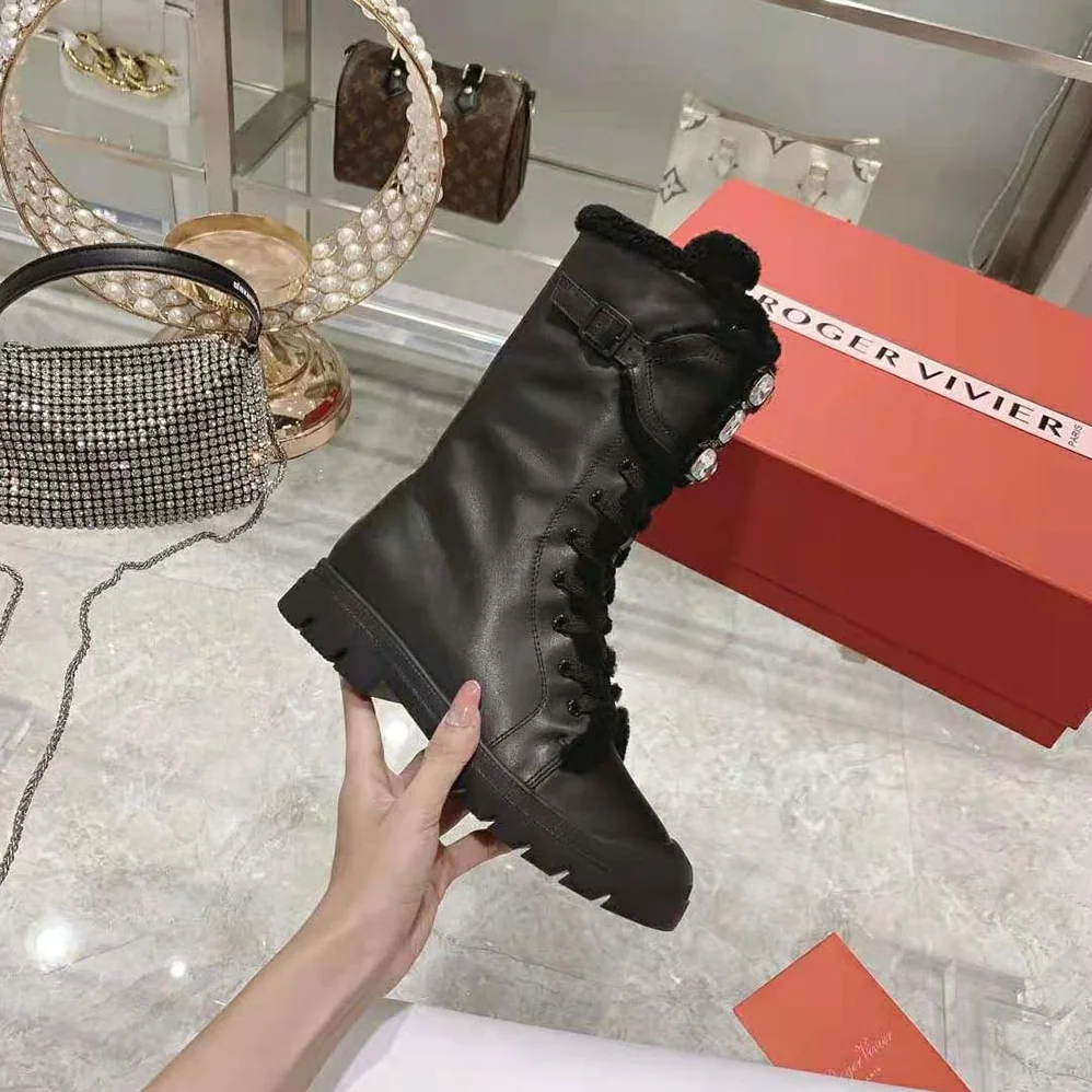 Roger Vivier Walky Viv' Shearling Strass Buckle Boots in Leather for Women in Black Roger Vivier Walky Viv' Shearling Strass Buckle Boots in Leather for Women in Black