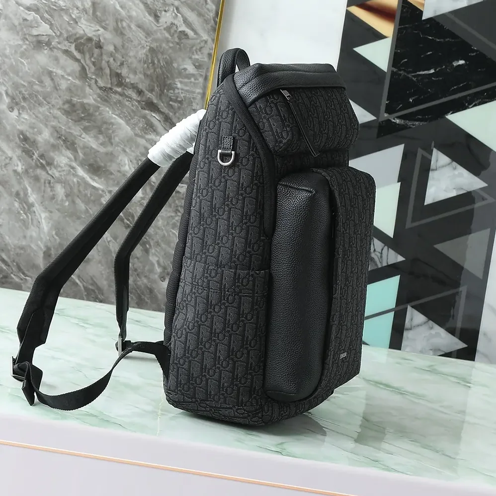 Dior Rider Soft Zipped Backpack Black Dior Oblique Jacquard and Black Grained Calfskin for Men