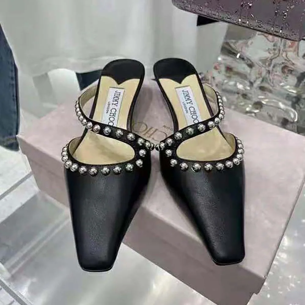 Jimmy Choo ROS 35 Black Nappa Leather Mules with Silver Dome Studs for Women Jimmy Choo ROS 35 Black Nappa Leather Mules with Silver Dome Studs for Women