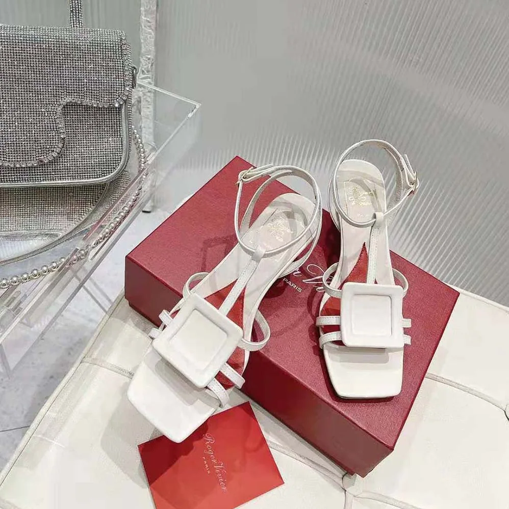 Roger Vivier Virgule Covered Buckle Sandals in Leather for Women in White Roger Vivier Virgule Covered Buckle Sandals in Leather for Women in White