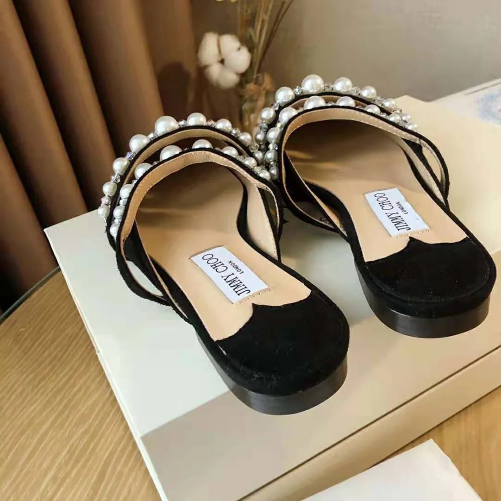 Jimmy Choo Alaina Flat Black Suede Flats with Pearl Embellishment for Women Jimmy Choo Alaina Flat Black Suede Flats with Pearl Embellishment for Women