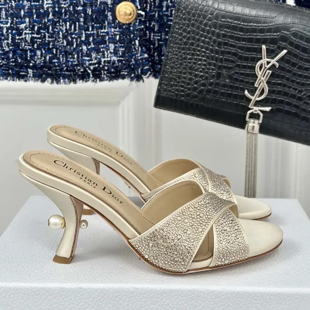 Dior Dior Tribales Heeled Slide Beige Suede Calfskin and Gold for Women in Tone Strass Dior Dior Tribales Heeled Slide Beige Suede Calfskin and Gold for Women in Tone Strass