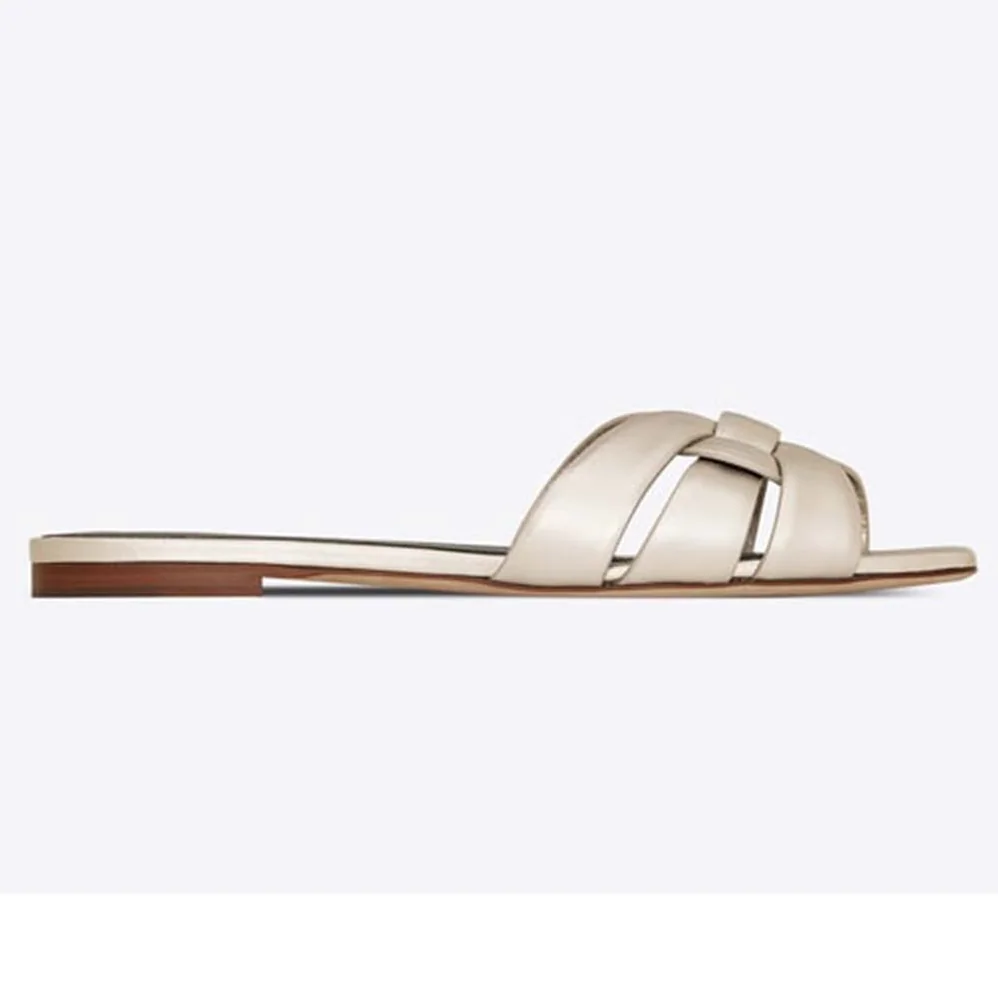 Saint Laurent YSL Tribute Flat Sandals in Metallic Leather for Women in White