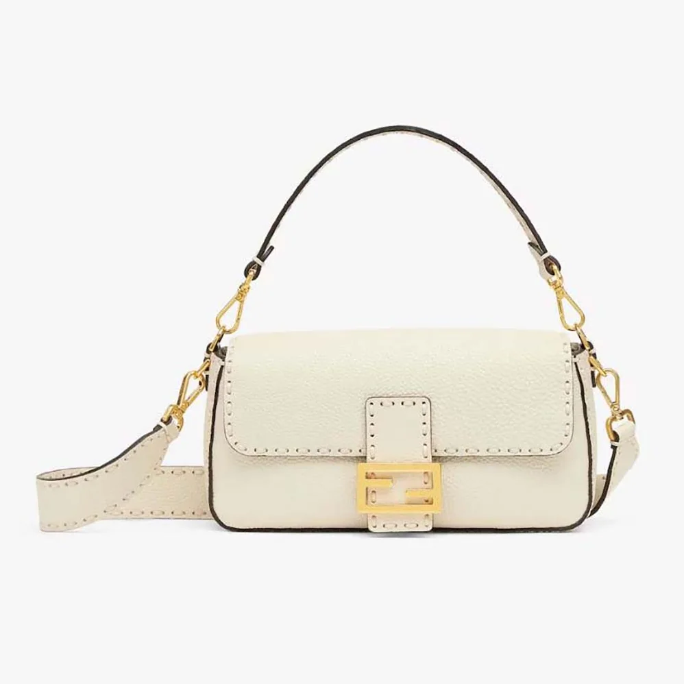 Fendi Baguette Camellia Selleria Bag with Oversized Topstitching for Women