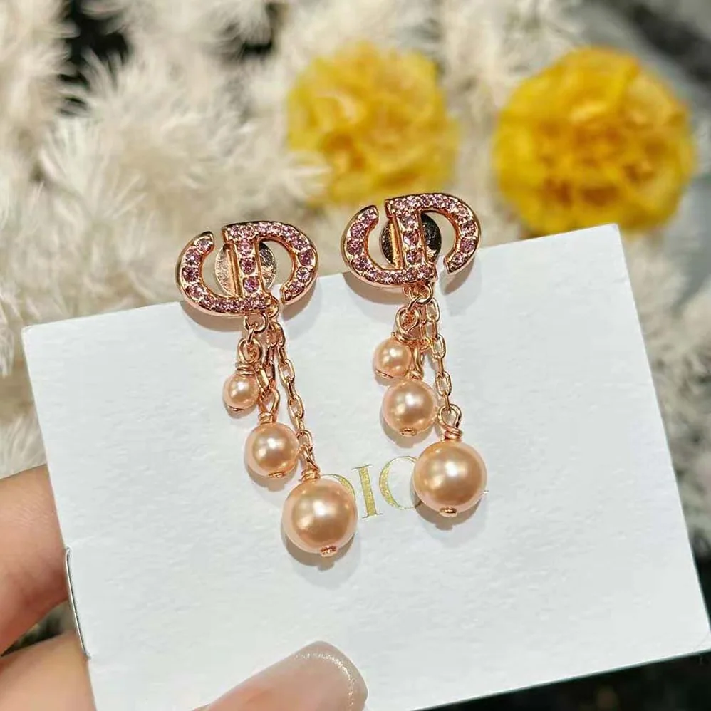 Dior CD Navy Earrings Pink-Finish Metal with Pink Resin Pearls and Crystals for Women Dior CD Navy Earrings Pink-Finish Metal with Pink Resin Pearls and Crystals for Women