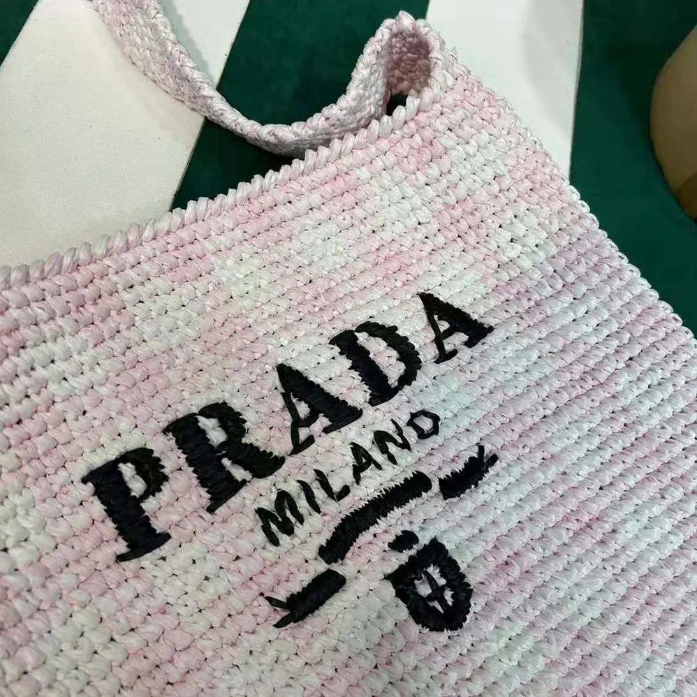 Prada Crochet Tote Bag with Embroidered Lettering Logo for Women in Pink