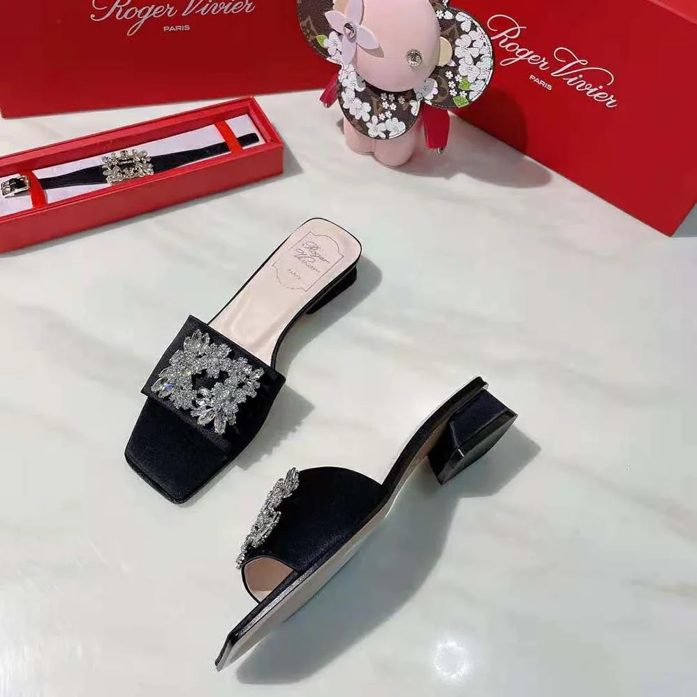 Roger Vivier RV Bouquet Strass Buckle Mules in Satin 2.5cm Heel for Women Roger Vivier RV Bouquet Strass Buckle Mules in Satin 2.5cm Heel for Women
