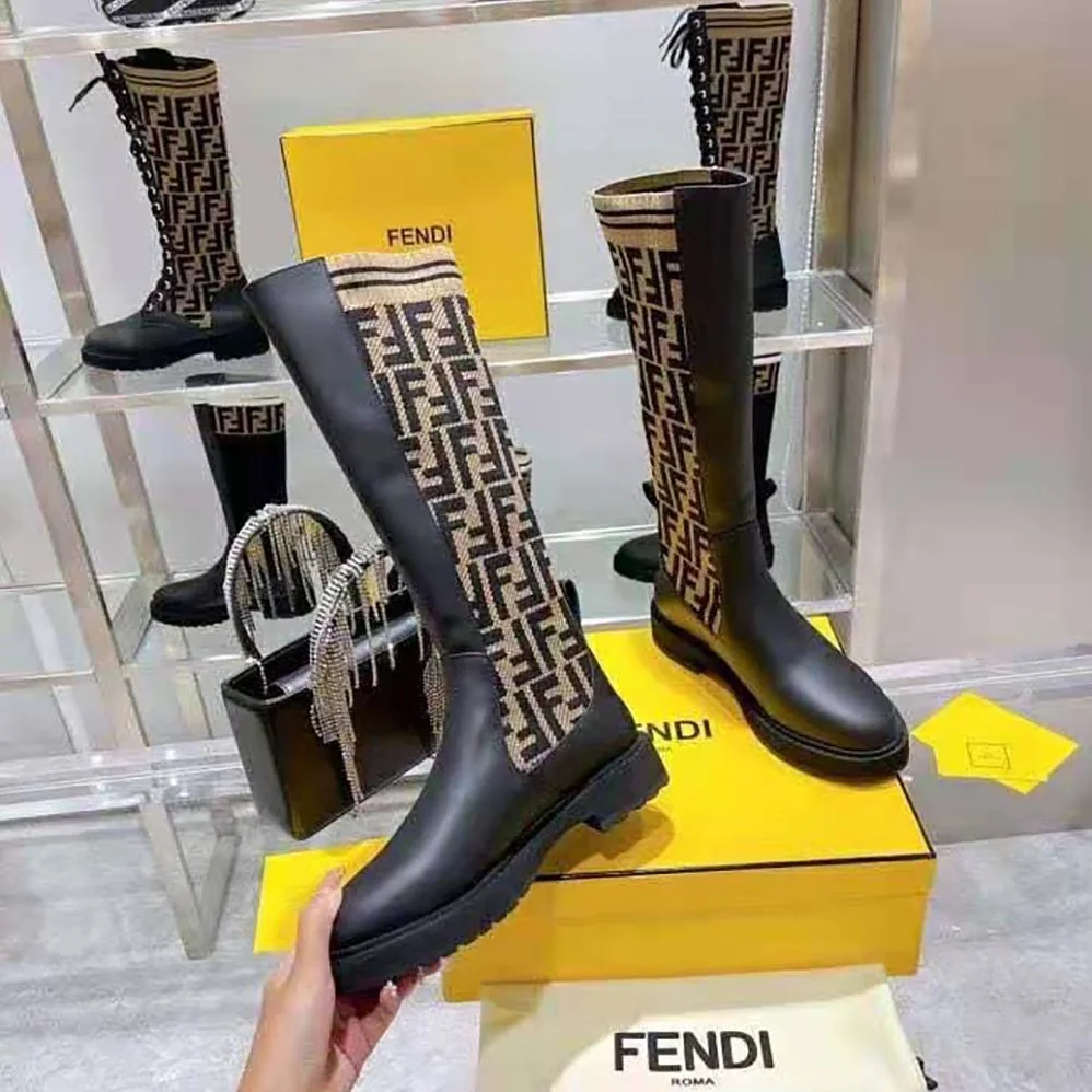 Fendi Rockoko Black Leather Ankle Boots with Stretch Fabric for Women