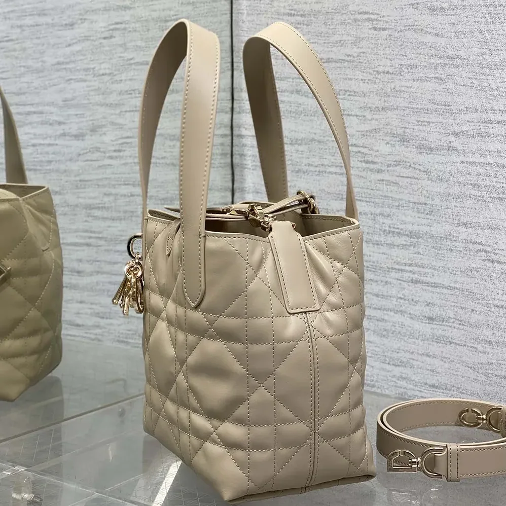 Dior Small Dior Toujours Vertical Tote Bag Powder Beige Macrocannage Calfskin for Women