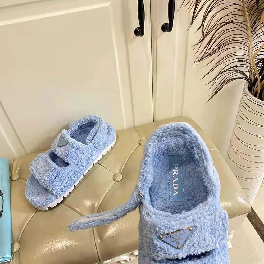 Prada Terrycloth Sandals with Enameled Metal Triangle Logo for Women in Blue