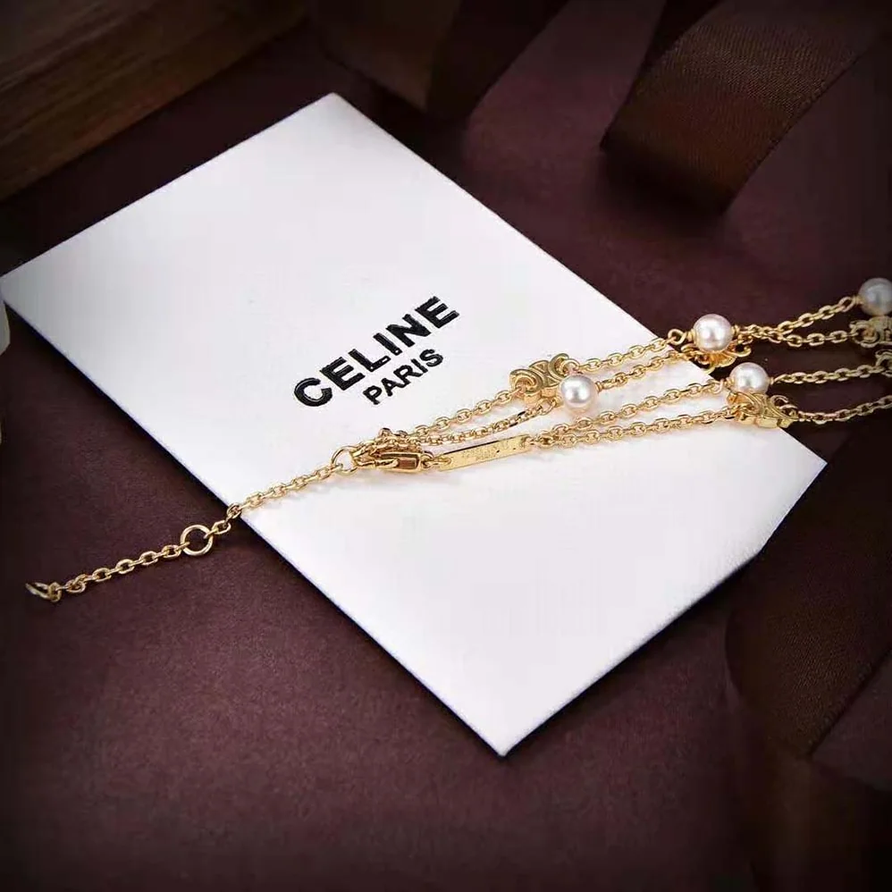Celine Triomphe Pearl Double Necklace in Brass with Gold Finish and Resin Pearls for Women
