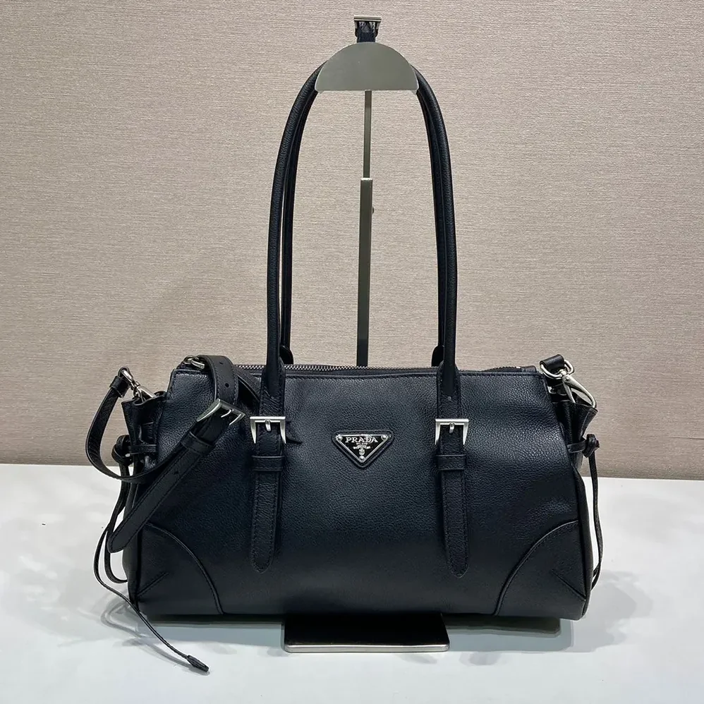 Prada Bonnie Medium Antiqued Leather Tote Bag for Women in Black
