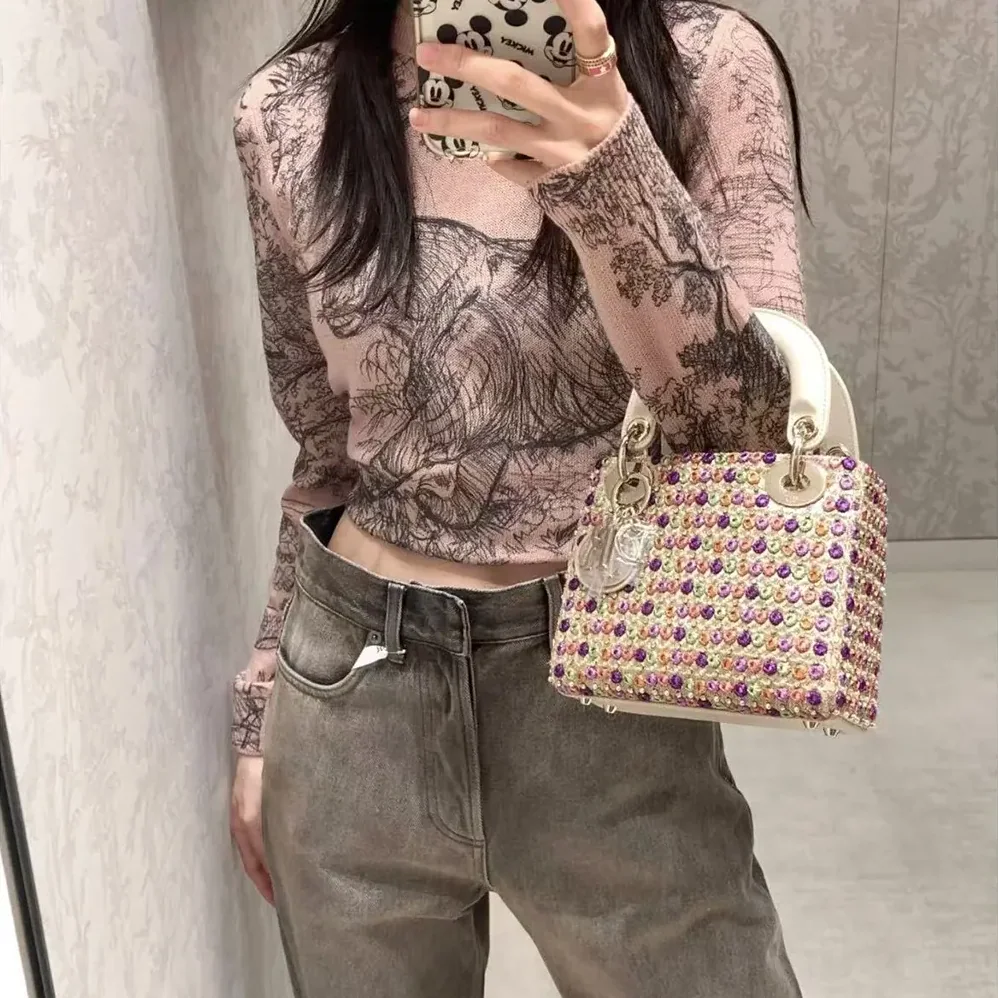 Dior Lady Dior Bag Metallic Calfskin and Satin with Celestial Pink Bead Embroidery for Women Dior Lady Dior Bag Metallic Calfskin and Satin with Celestial Pink Bead Embroidery for Women