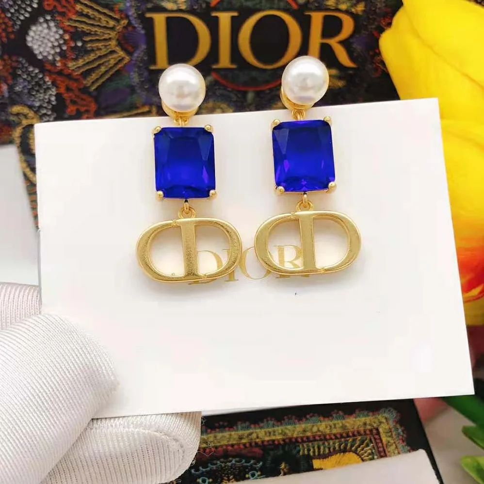 Dior Petit CD Earrings Gold-Finish Metal with White Resin Pearls and Fluorescent Blue Crystals for Women