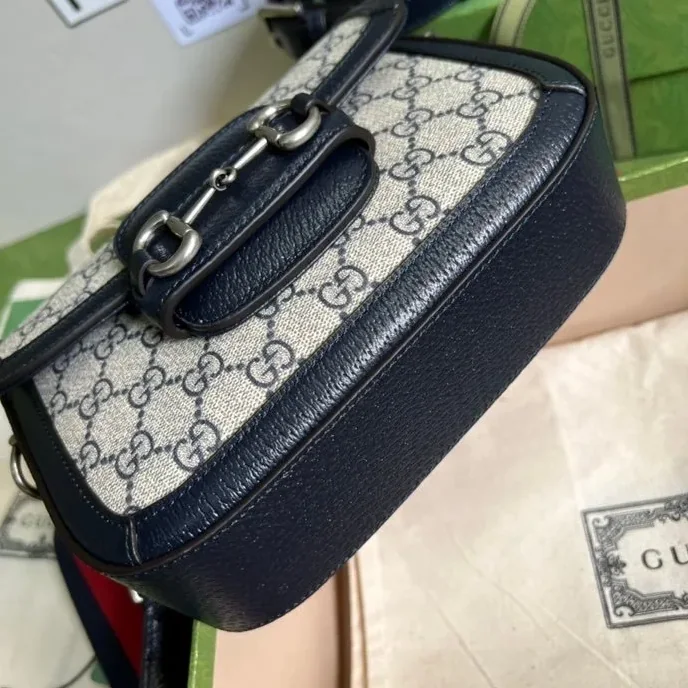 Gucci Horsebit 1955 GG Mini Bag Beige And Blue Supreme Canvas / Gucci Horsebit 1955 GG Mini Bag Beige And Blue Supreme Canvas /