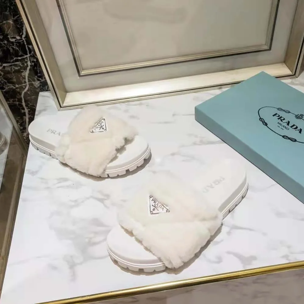 Prada Shearling Slides in 20mm Heel for Women in White