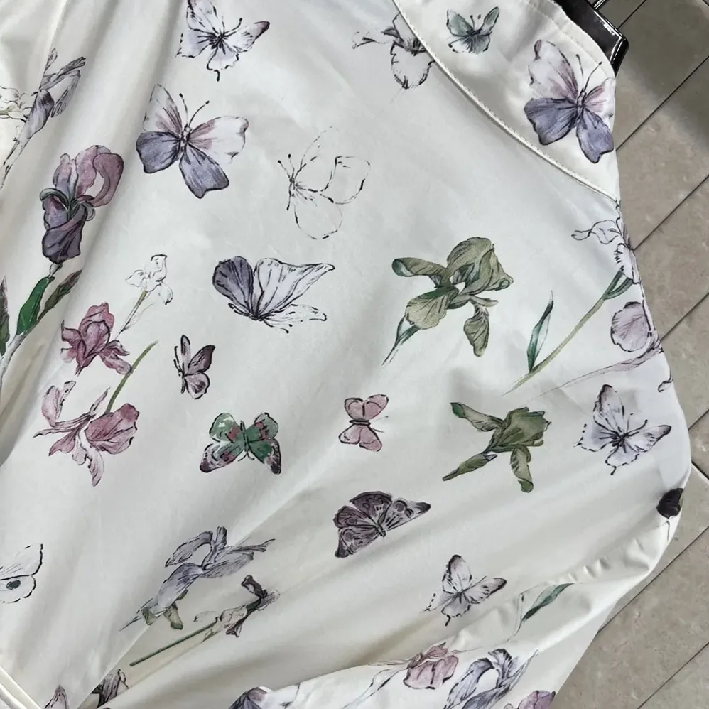 Dior Mid-Length Belted Shirtdress Beige Silk Twill with Multicolor Butterflies & Iris Motif for Women